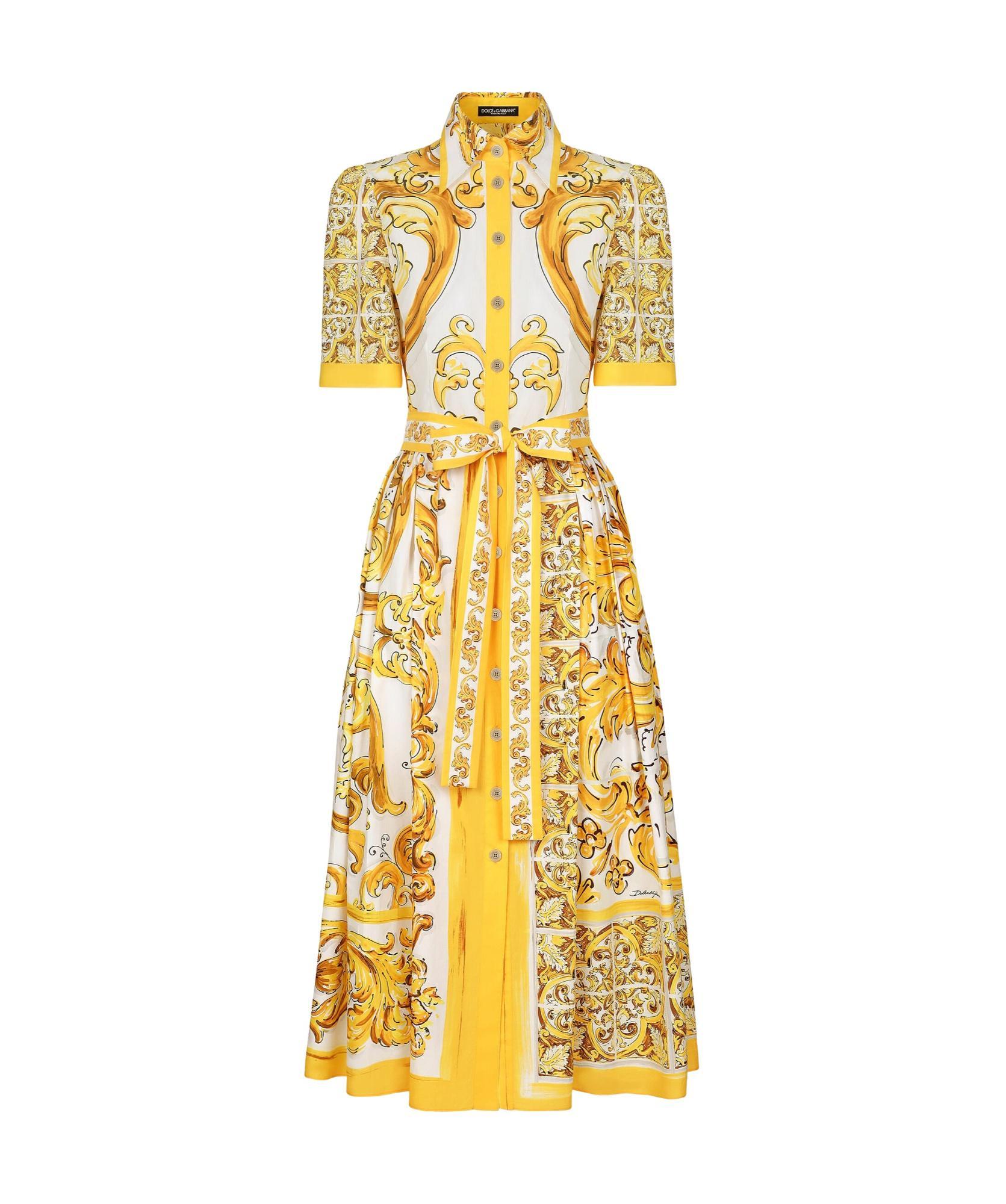 DOLCE & GABBANA Cotton Poplin Midi Shirt Dress With Majolica Print In Yellow Product Image