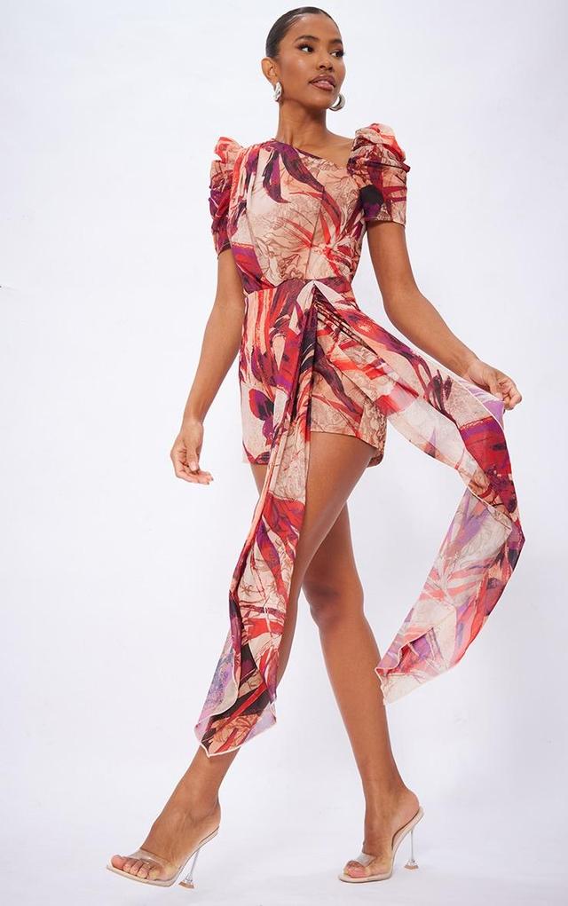  Red Floral Asymmetric Neck Drape Detail Romper Product Image