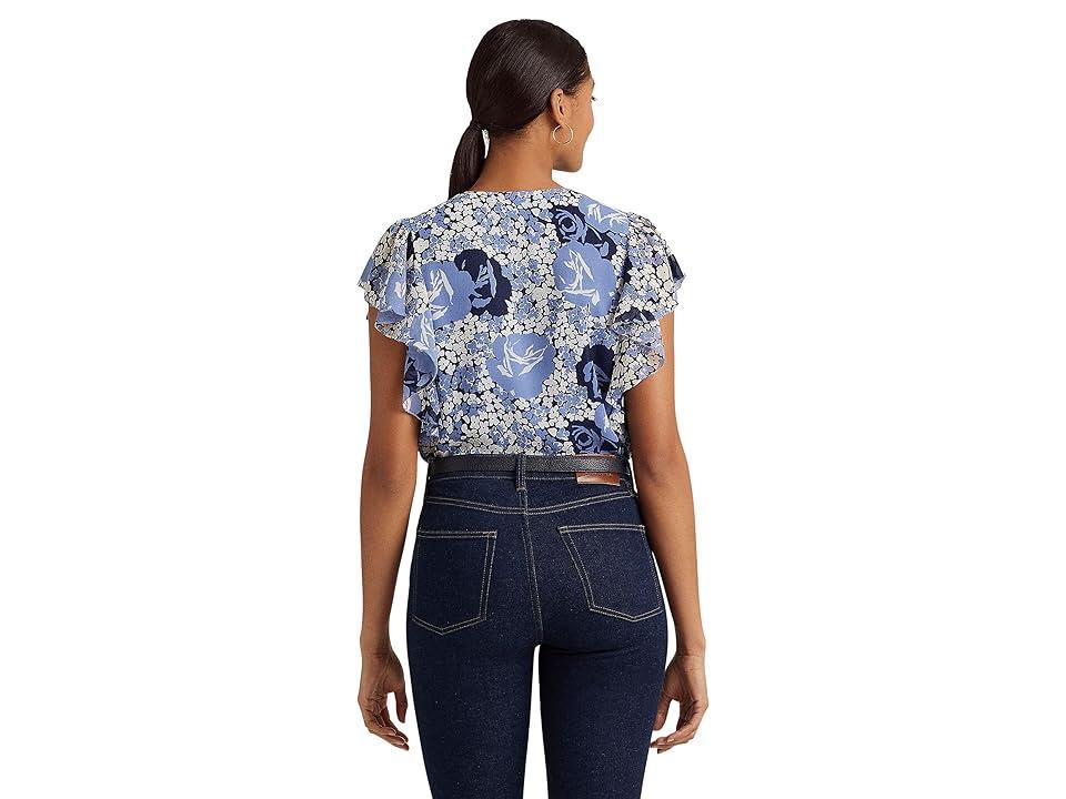 Lauren Ralph Lauren Floral Crinkle Georgette Shirt Cream/Navy) Women's Clothing Product Image