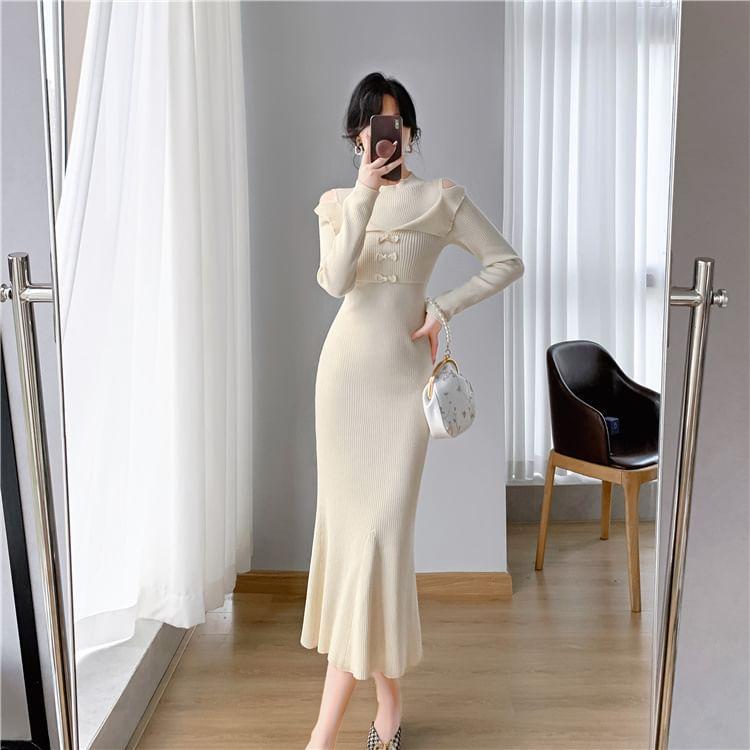 Long-Sleeve Cold-Shoulder Plain Bow Ribbed Knit Midi Mermaid Dress Product Image