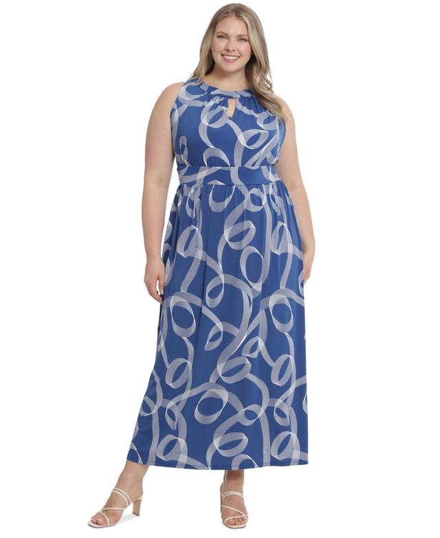 London Times Plus Size Halter Keyhole Printed Maxi Dress Product Image