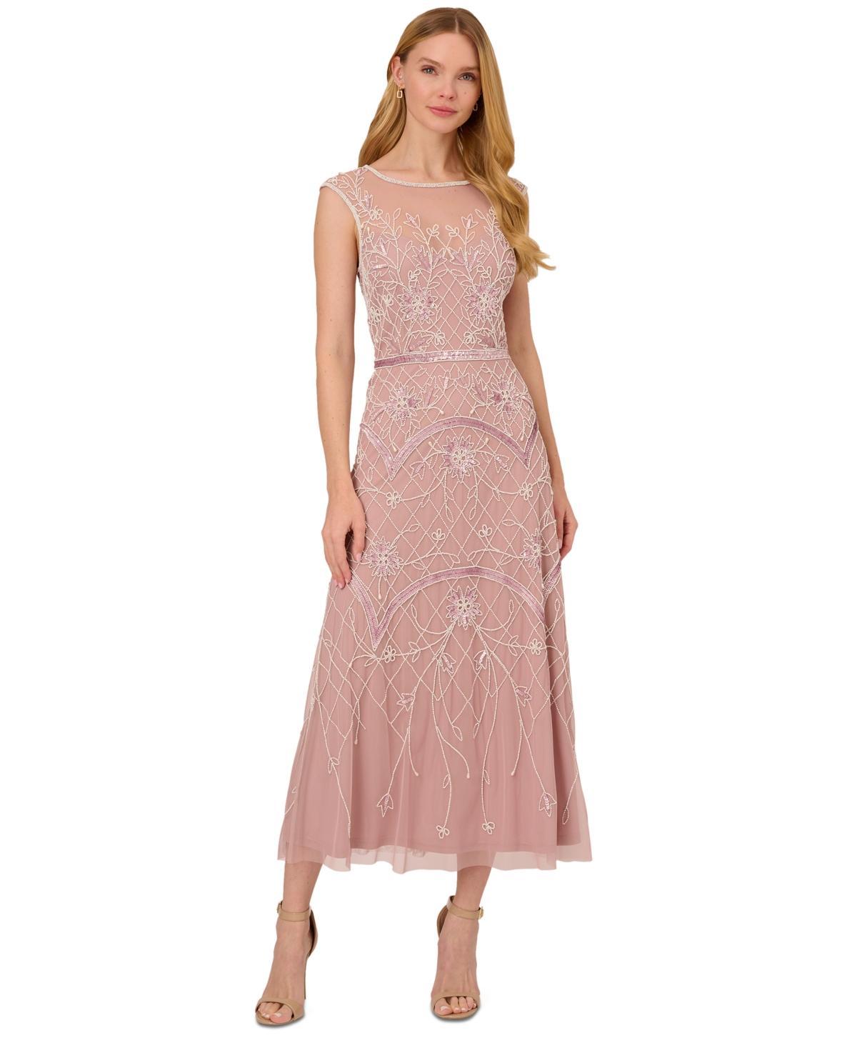 Adrianna Papell Sequin Beaded Illusion Mesh Midi Dress Product Image