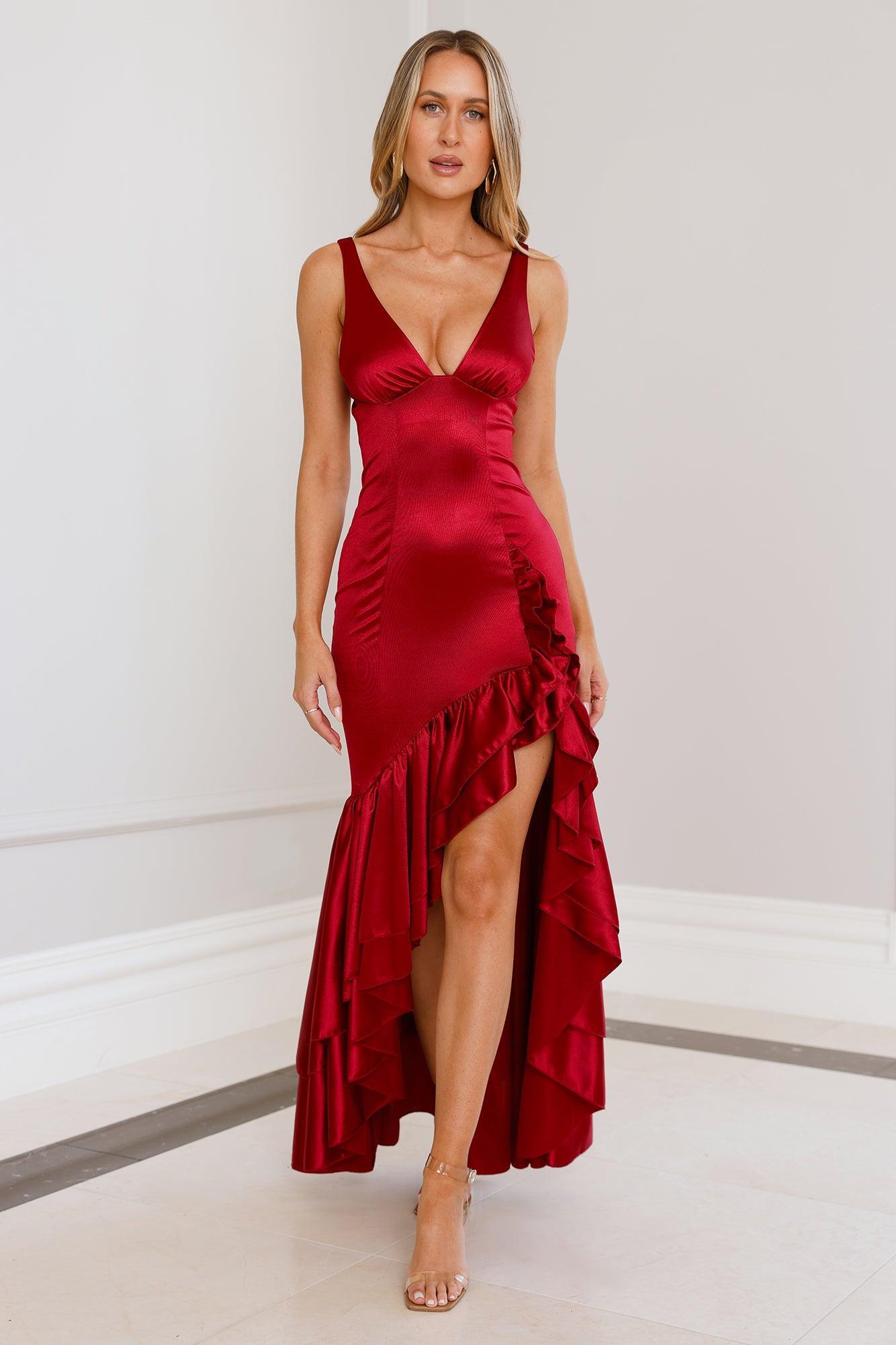 Twilight Luxe Satin Maxi Dress Maroon Product Image