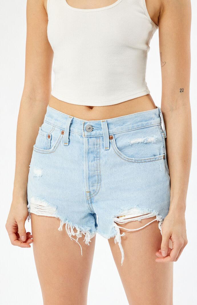 Levi's Women's 501 Light Blue Frayed Denim Shorts Product Image