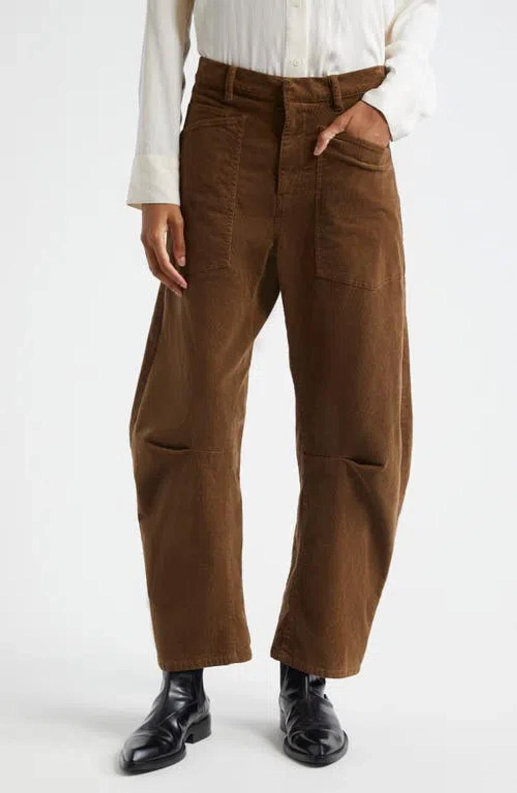 Shon Mid-rise Stretch-cotton Barrel-leg Pants In Brown Product Image