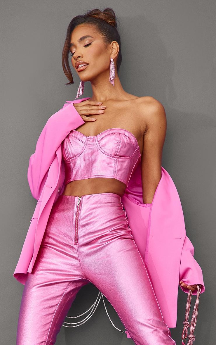 Bright Pink Metallic Look Coated Denim Bandeau Top Product Image