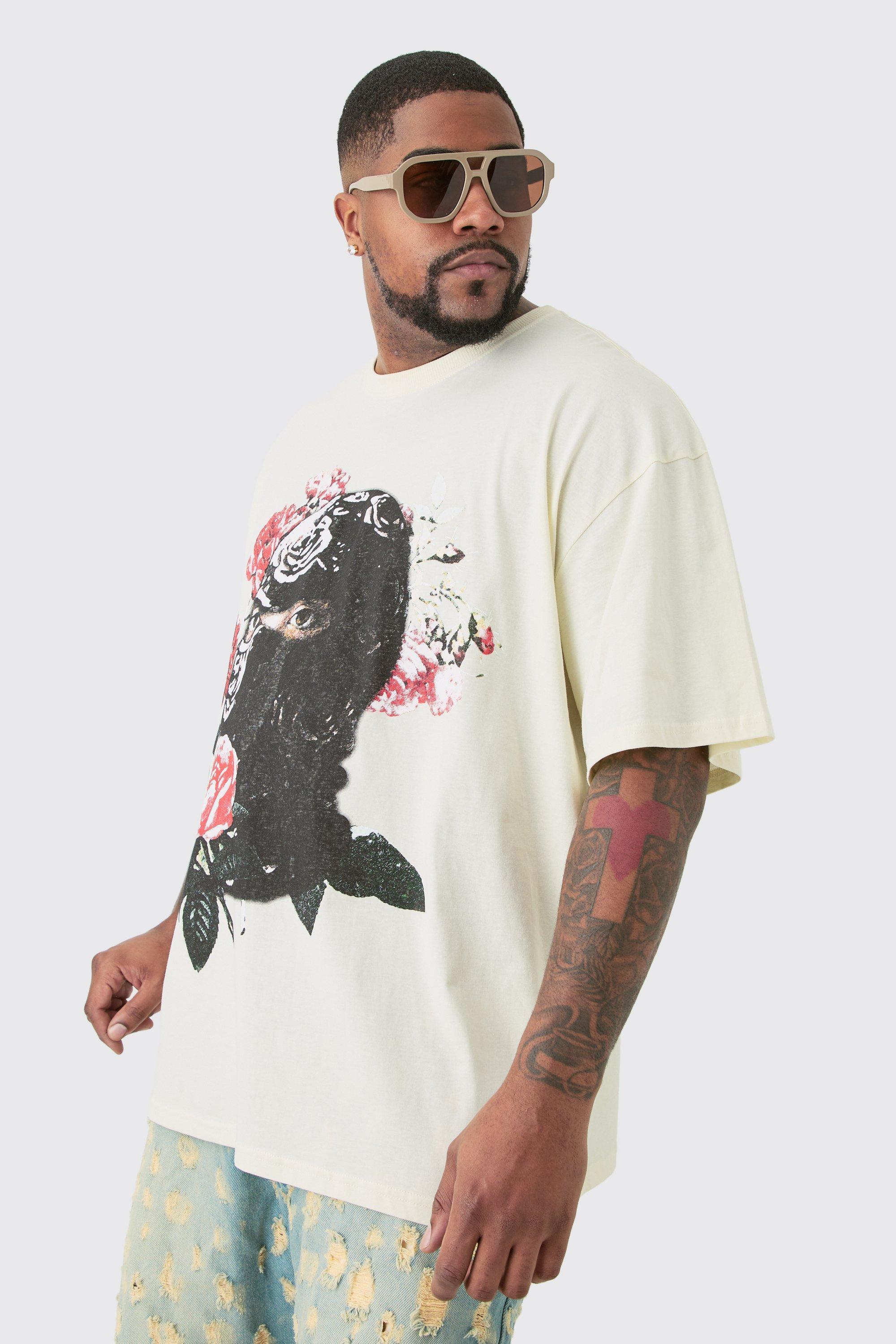 Plus Oversized Floral Balaclava Print T-shirt In Ecru | boohooMAN USA Product Image