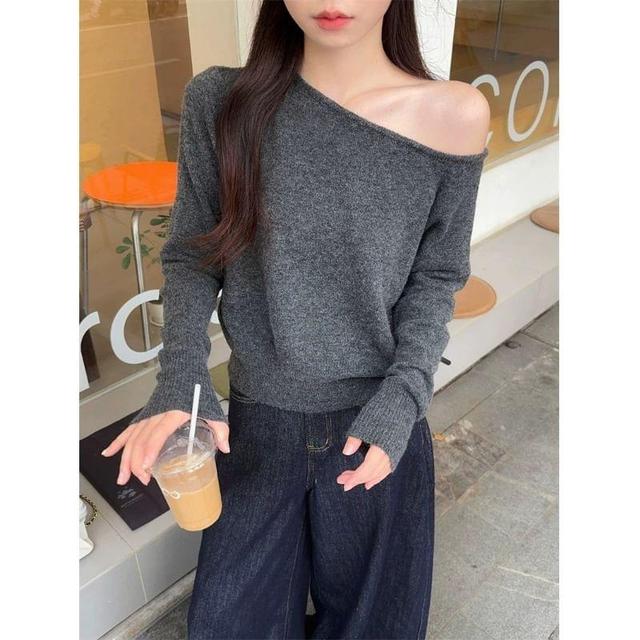 Long-Sleeve Off-Shoulder Plain Knit Top Product Image