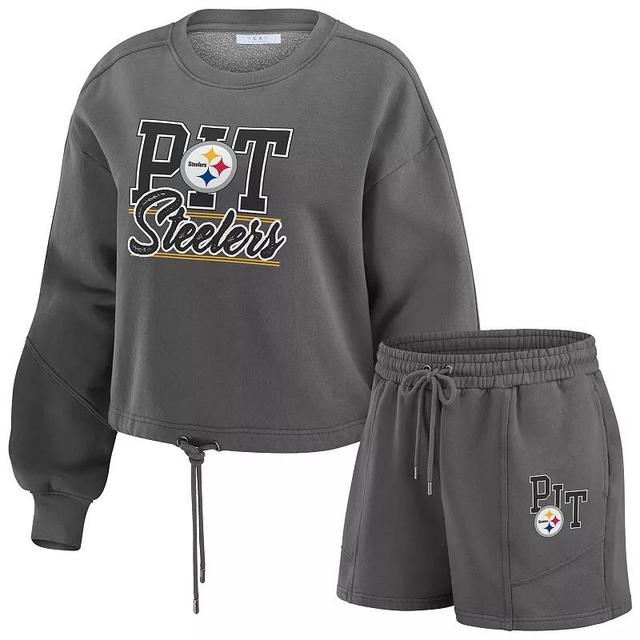 Womens WEAR by Erin Andrews Pittsburgh Steelers Washed Fleece Long Sleeve T-Shirt & Shorts Lounge Set Product Image