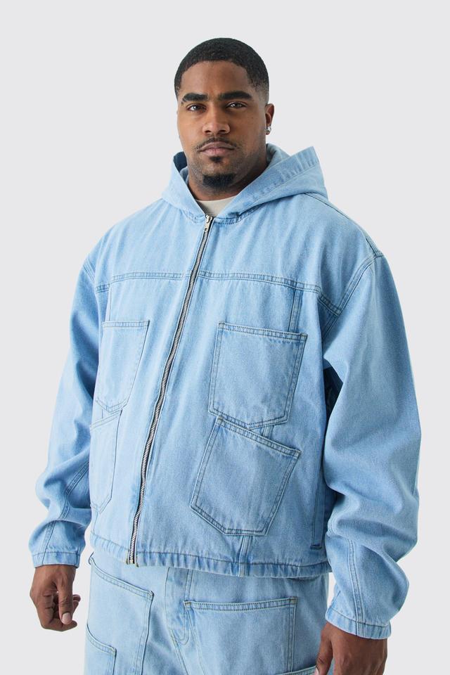 Plus Denim Acid Wash Tape Detail Hoodie | boohooMAN USA Product Image