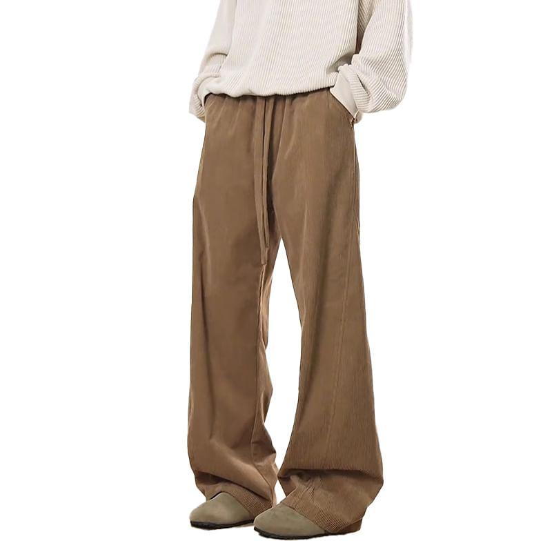 Drawstring Waist Plain Corduroy Wide Leg Pants Product Image