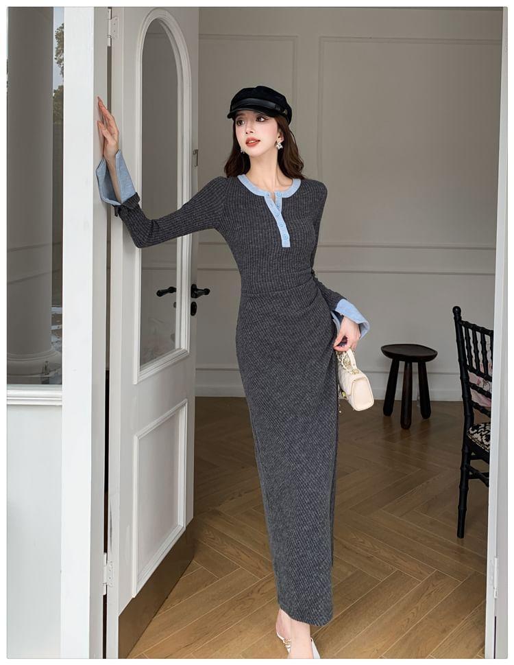 Long-Sleeve Crew Neck Contrast Trim Ruched Half-Buttoned Maxi Sheath Knit Dress Product Image