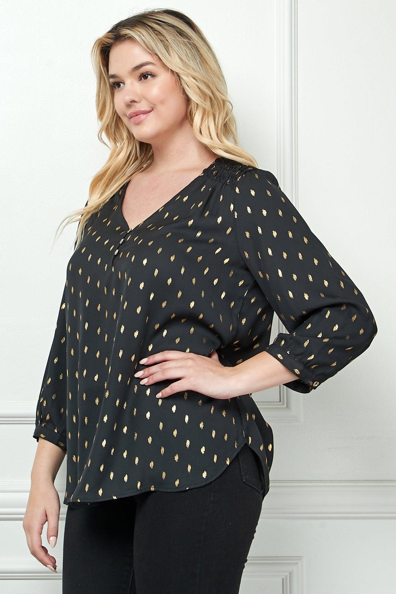 Black 3/4 Button Cuff Sleeve V Neck Popover - Plus Product Image