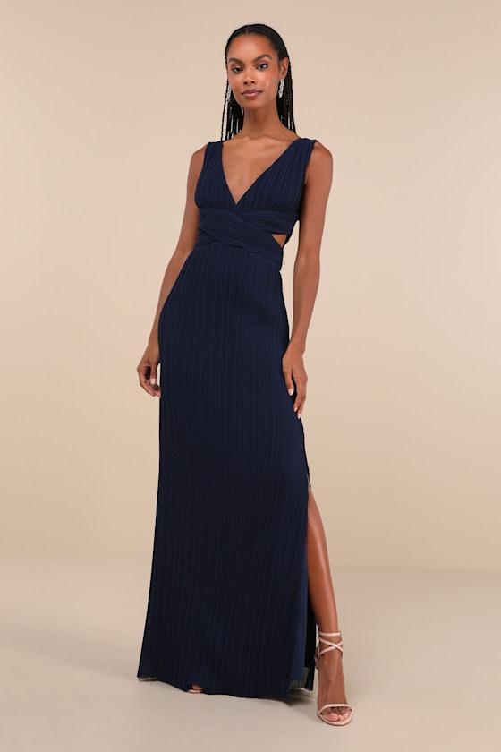 Compelling Poise Navy Blue Plisse Cutout Sleeveless Maxi Dress Product Image