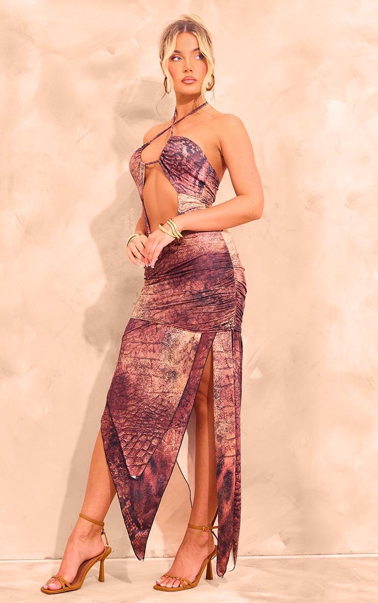 Brown Abstract Printed Slinky Halterneck Cut Out Maxi Dress Product Image