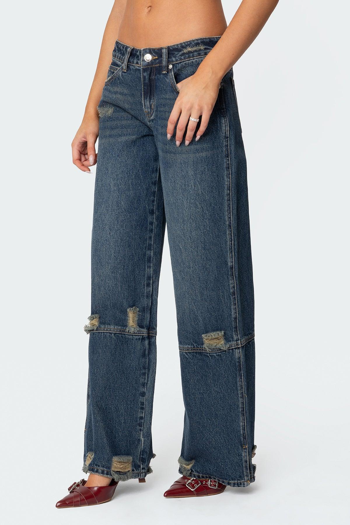 Slitted Distressed Low Rise Jeans Product Image