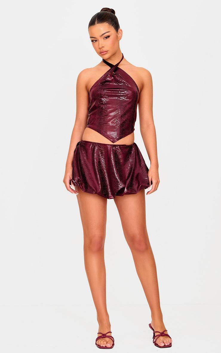 Burgundy Wet Look Croc Print Mini Skirt Product Image