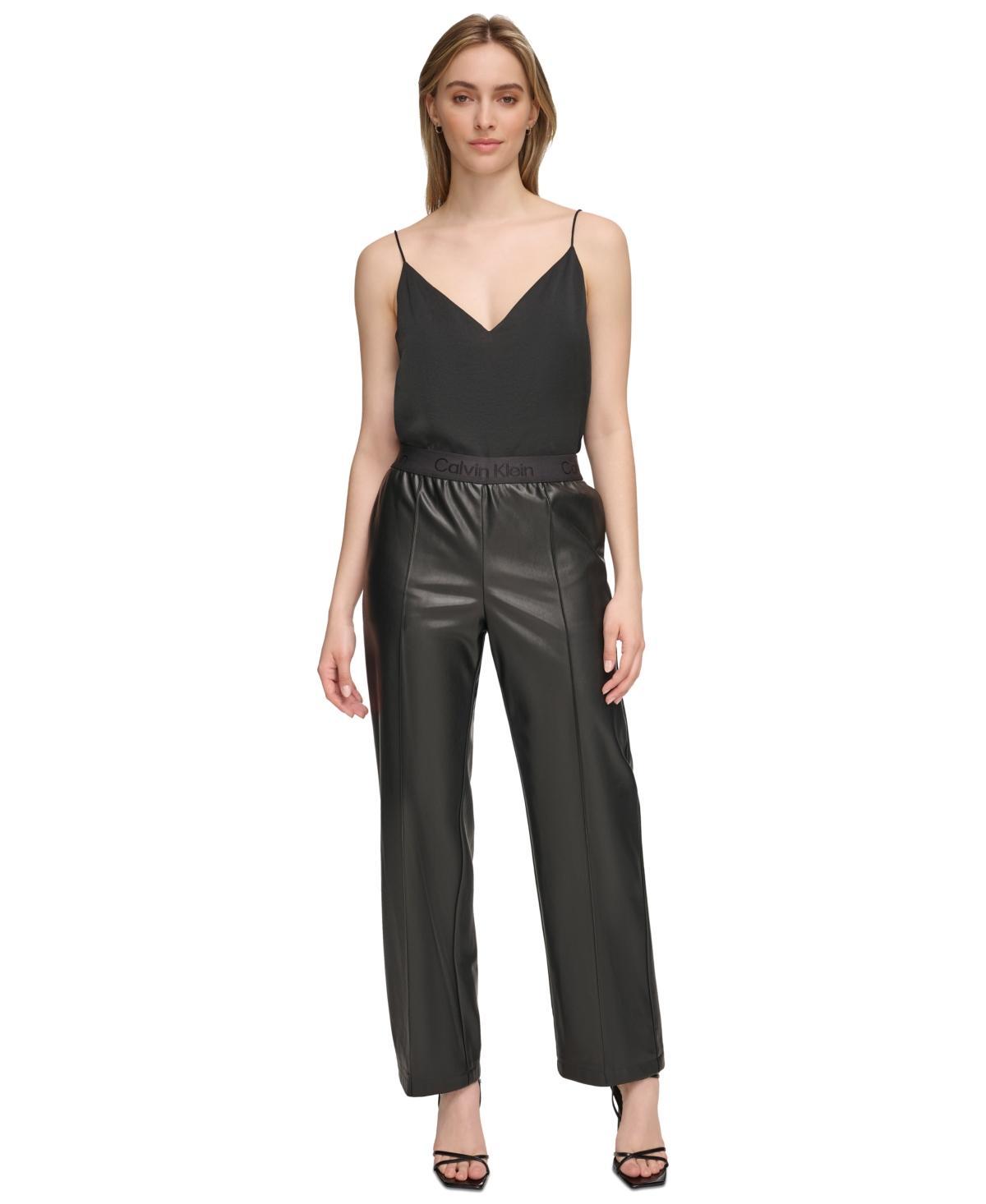 Calvin Klein Womens Logo-Waist Faux Leather Pull-On Pants Product Image