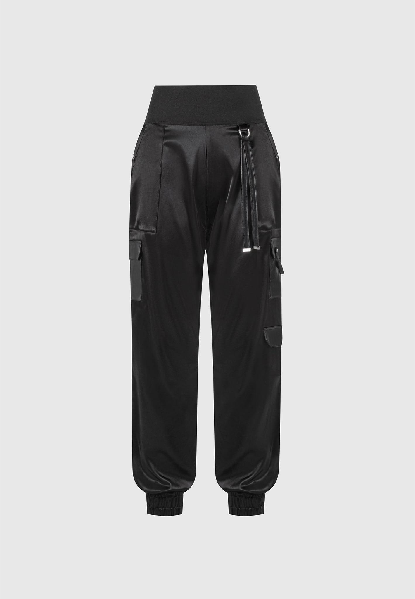 High Waisted Satin Cargo Trousers - Black Female Product Image