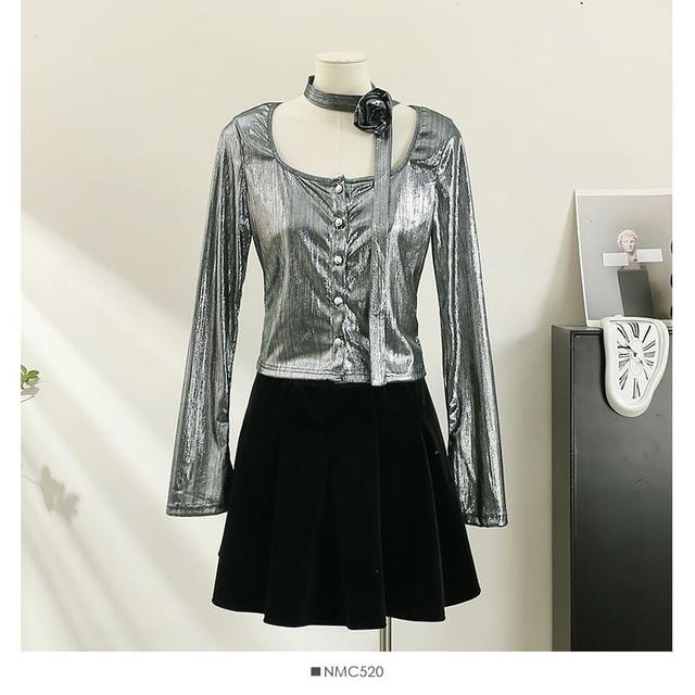 Metallic Button-Up Crop T-Shirt with Sash Product Image