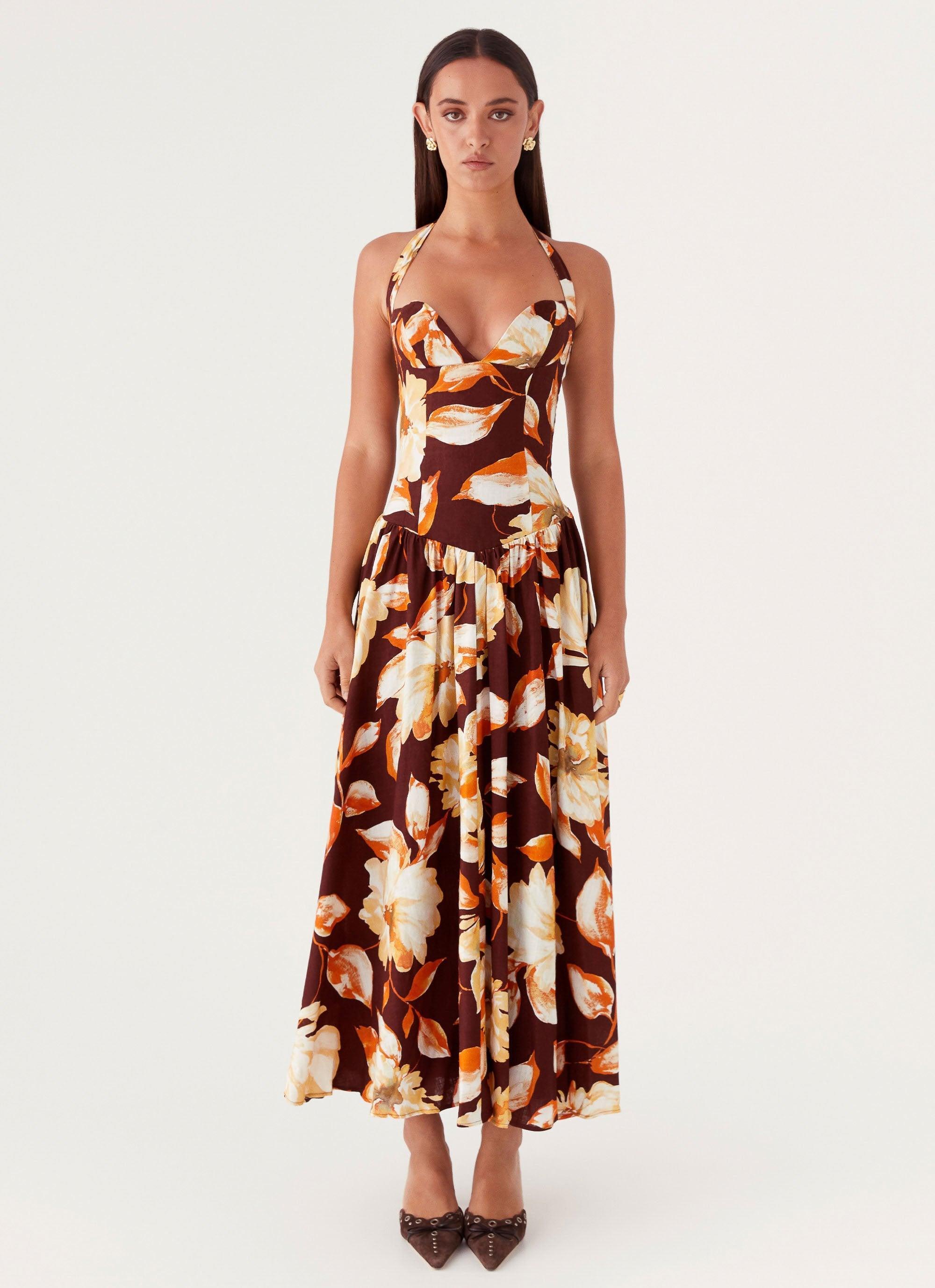 Dahlia Linen Maxi Dress - Brown Floral Product Image