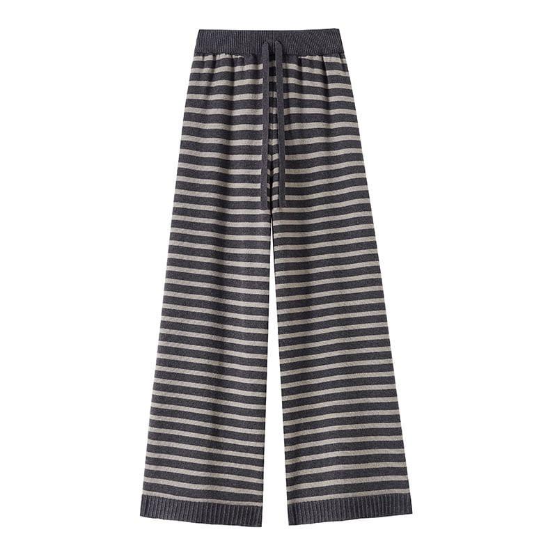 Drawstring Waist Striped Wide Leg Pants Product Image