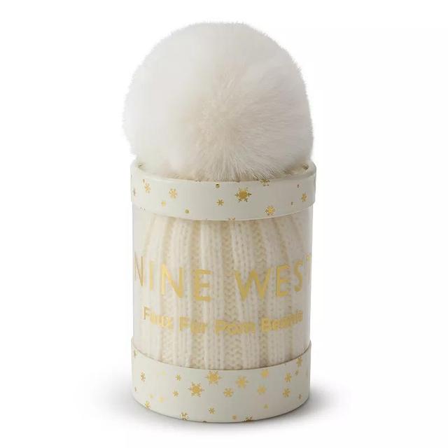 Womens Nine West Knit Faux Fur Pom Beanie Hat Gift Tube Product Image