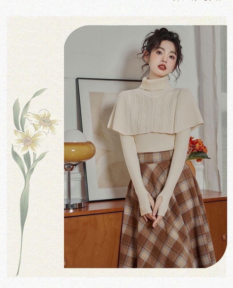 Set: Long-Sleeve Mock Neck Plain Knit Top + High Rise Plaid Midi A-Line Skirt Product Image