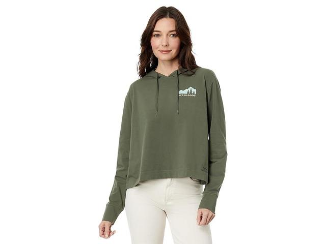 Life is Good Mountain Silhouette Crusher Flex Boxy Hoodie (Dark Moss Green) Women's Clothing Product Image