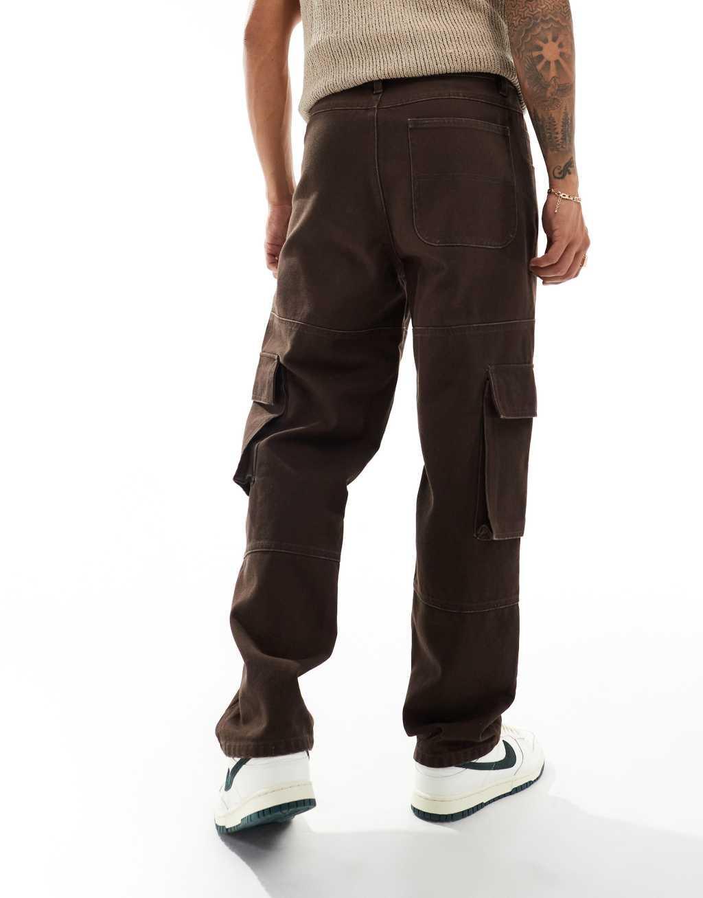 ASOS DESIGN baggy cargo canvas pants in heavy canvas in brown Product Image