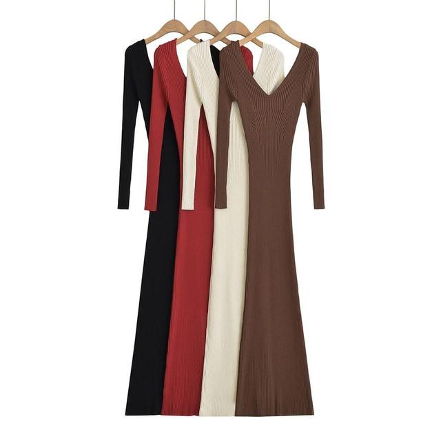 Long Sleeve V-Neck Plain Ribbed Knit Maxi Sheath Dress Product Image