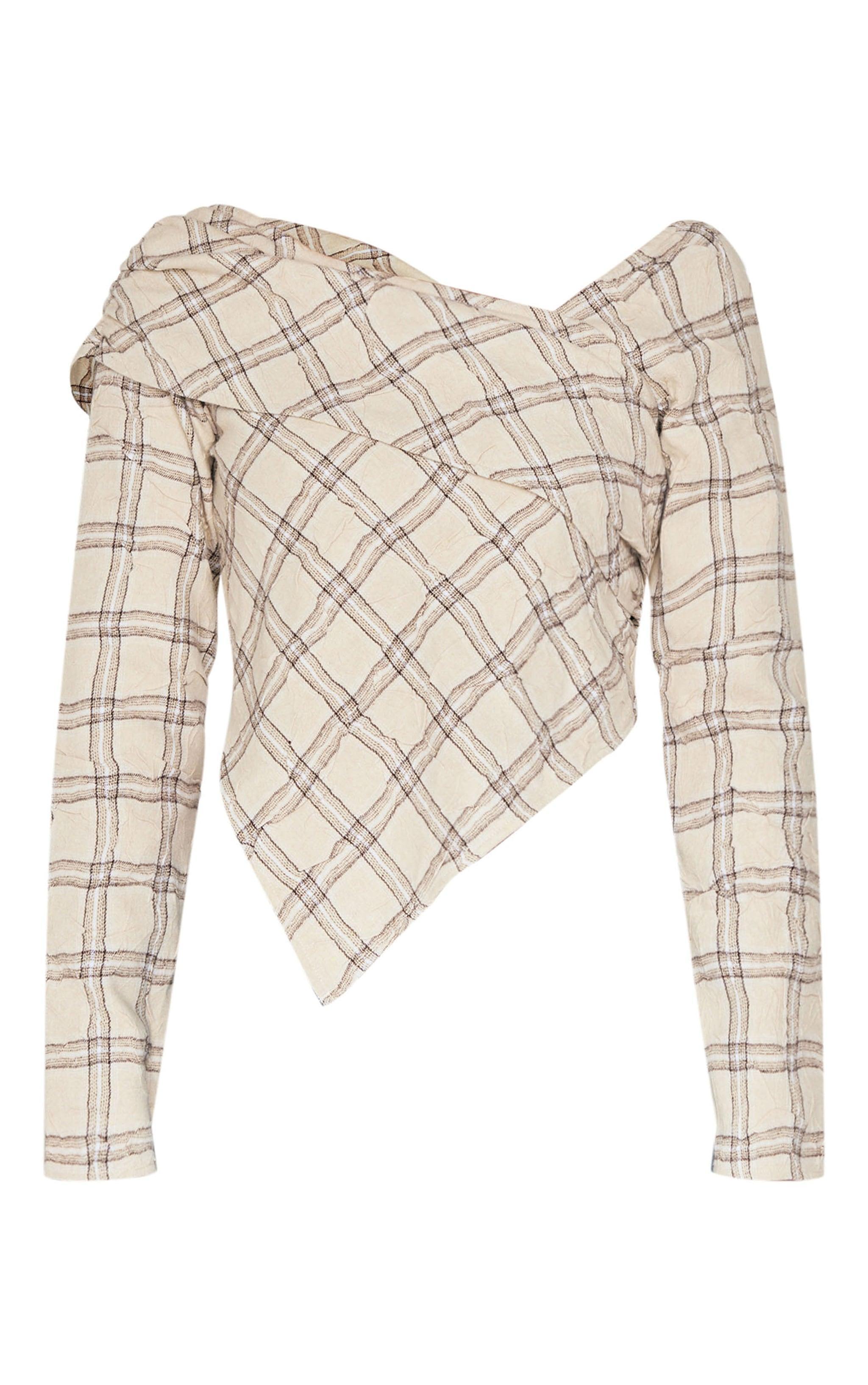 Beige Asymmetric Checked Long Top Product Image