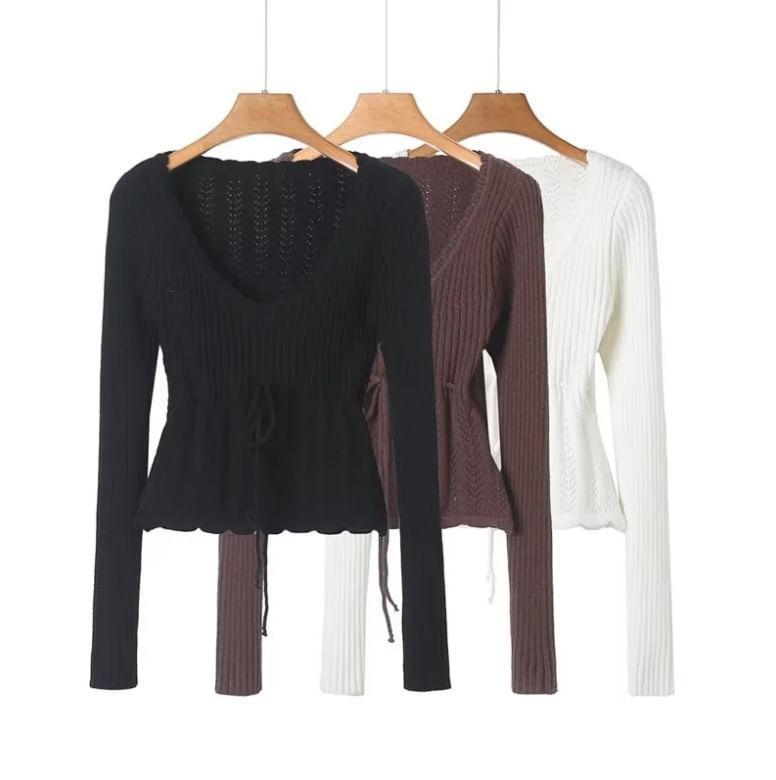 Long-Sleeve V-Neck Plain Drawstring Perforated Crop Knit Top Product Image