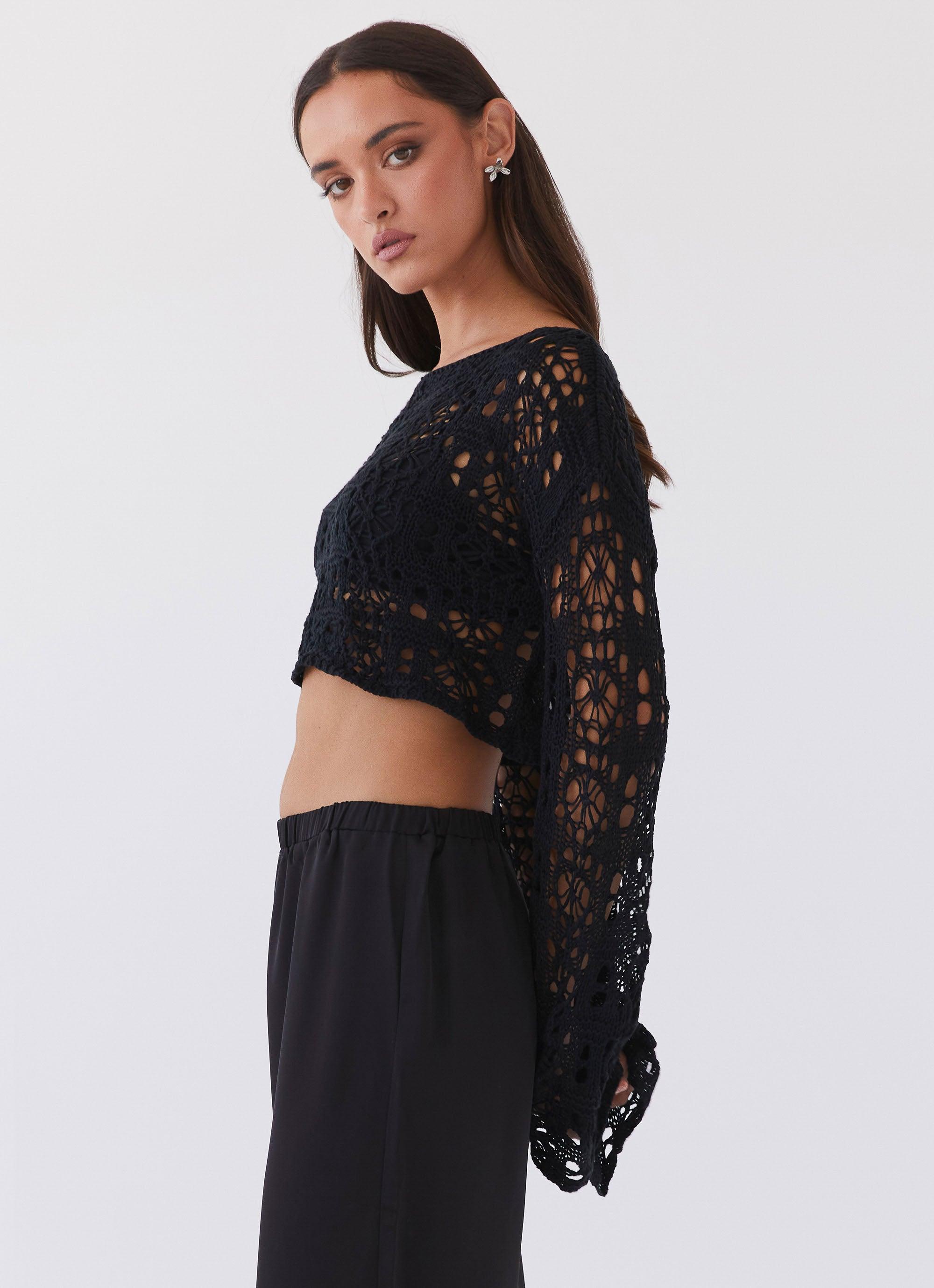 Free Mind Crochet Long Sleeve Top - Black Product Image