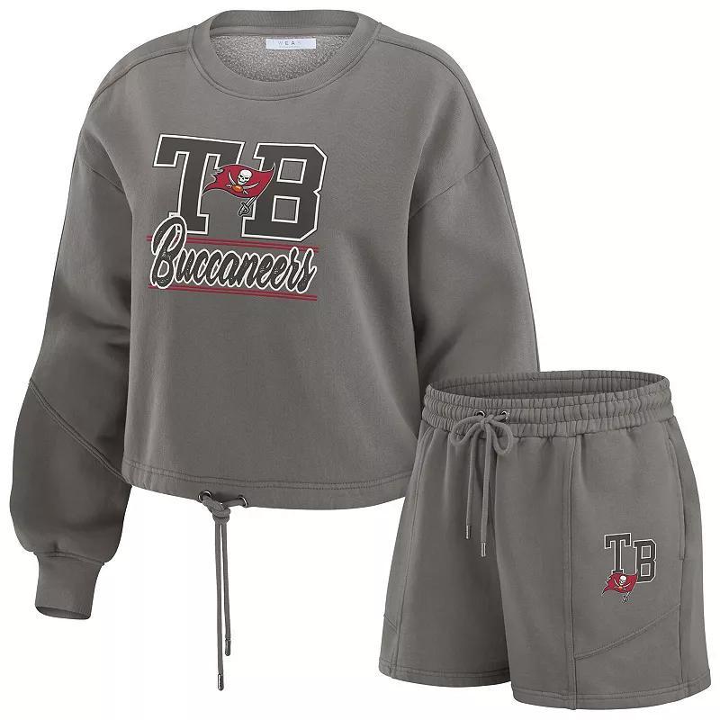 Womens WEAR by Erin Andrews Pewter Tampa Bay Buccaneers Washed Fleece Long Sleeve T-Shirt & Shorts Lounge Set Product Image