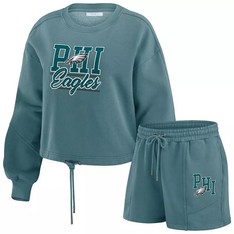 Womens WEAR by Erin Andrews Midnight Philadelphia Eagles Washed Fleece Long Sleeve T-Shirt & Shorts Lounge Set Product Image