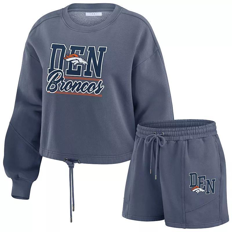 Womens WEAR by Erin Andrews Denver Broncos Washed Fleece Long Sleeve T-Shirt & Shorts Lounge Set Blue Product Image