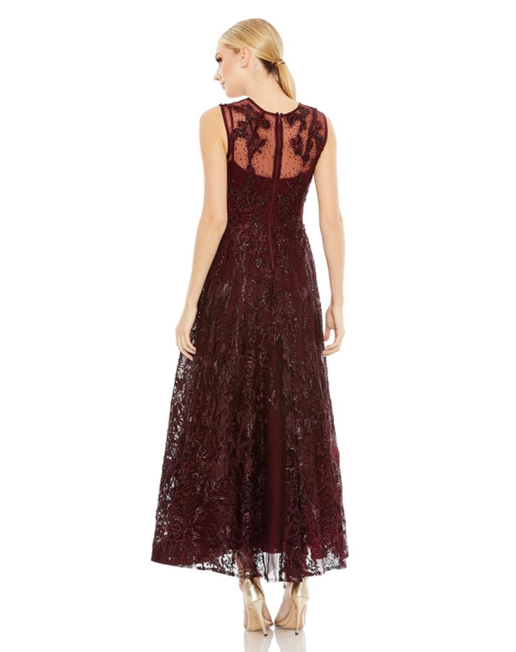 Embroidered High Neck Sleeveless Dress In Burgundy Product Image