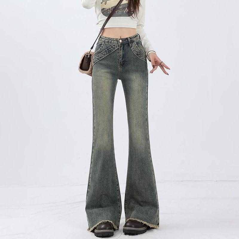 High Rise Washed Fringed Hem Flared Jeans Product Image