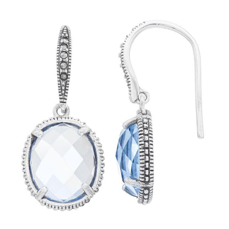 Lavish by TJM Sterling Silver Oval Lab Created Blue Quartz & Marcasite Earwire Earrings, Womens Product Image