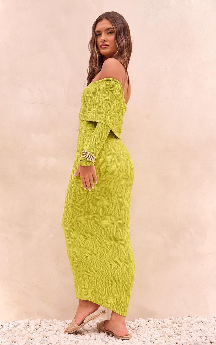 Green Textured Oversized Fold Over Bardot Maxi Dress Product Image