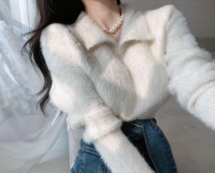 Long-Sleeve Collar Plain Fluffy Knit Top Product Image