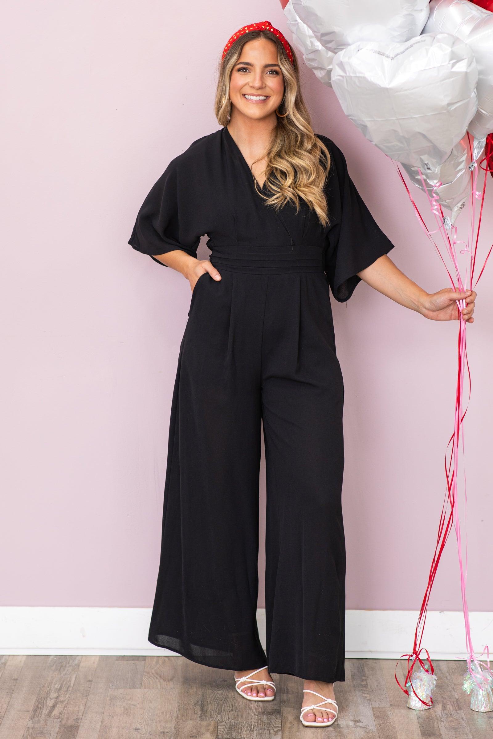 Black 3/4 Sleeve V-Neck Jumpsuit Product Image