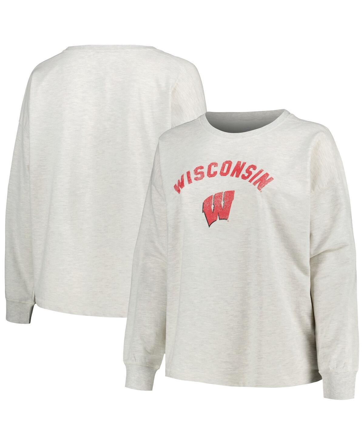 Womens Profile Oatmeal Wisconsin Badgers Distressed Arch Over Logo Neutral Boxy Pullover Sweatshirt Product Image