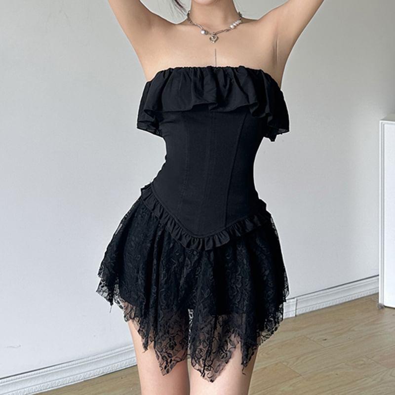 Plain Ruffled-Trim Corset Tube Top Product Image