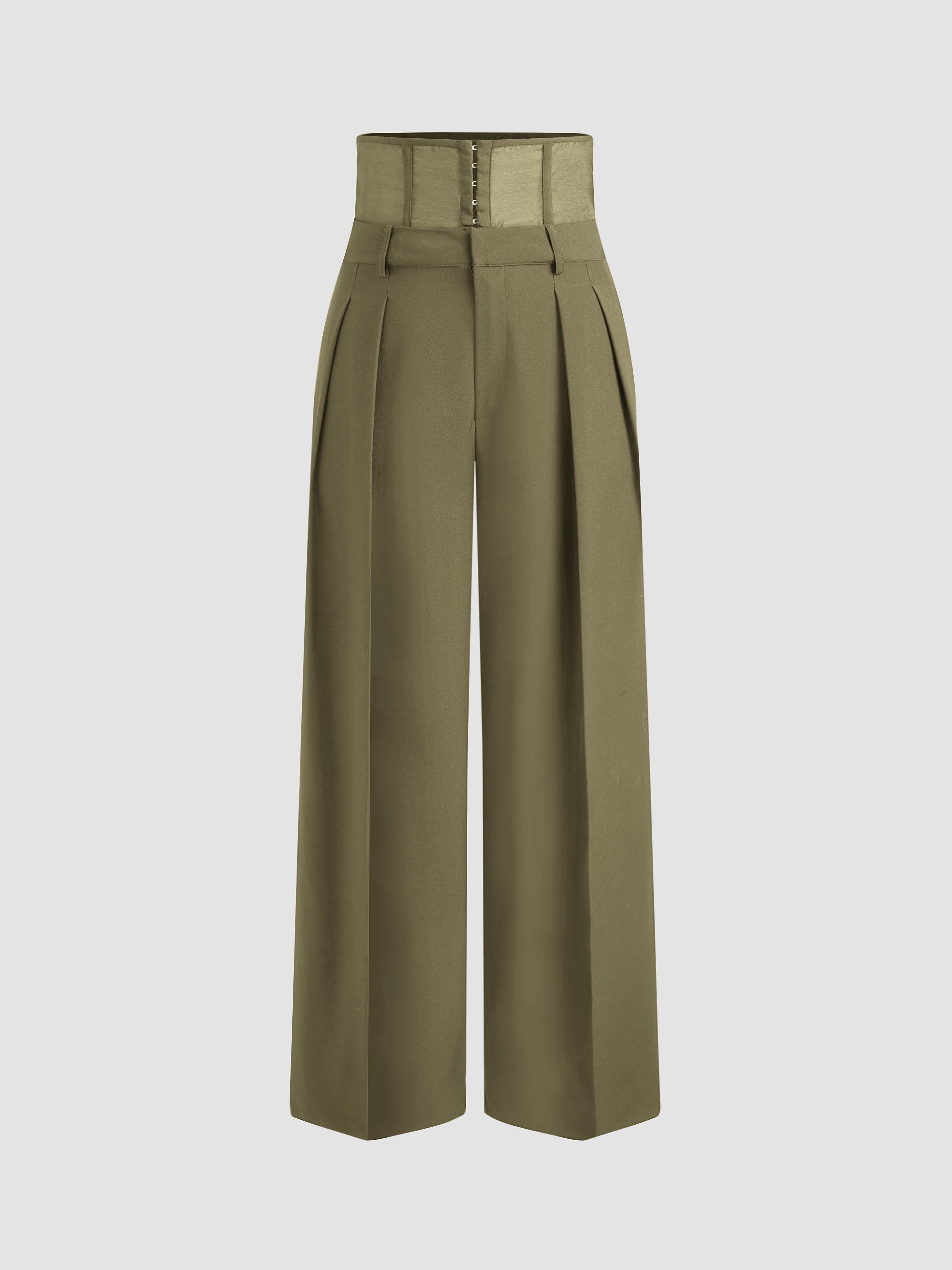 Woven Mid Rise Solid Corset Belt Wide Leg Trousers Product Image