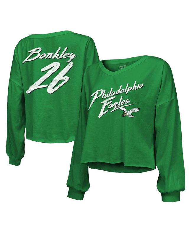 Womens Majestic Threads Saquon Barkley Kelly Philadelphia Eagles Name & Number Off-Shoulder Script Cropped Long Sleeve V-Neck T-Shirt Product Image