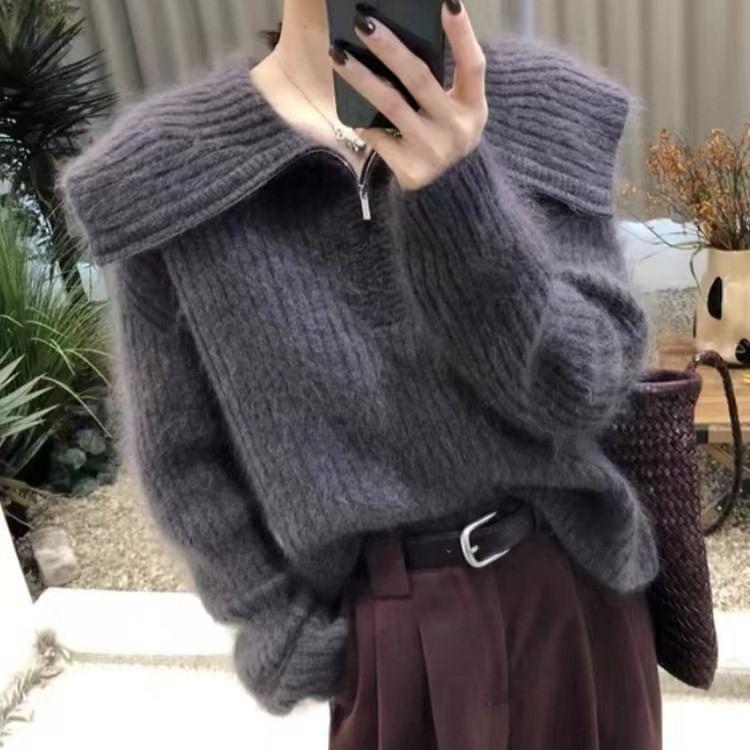 Long Sleeve Half-Zip Plain Loose-Fit Sweater Product Image