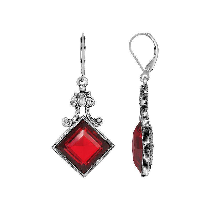 1928 Pewter Red Square Drop Earrings, Womens Product Image