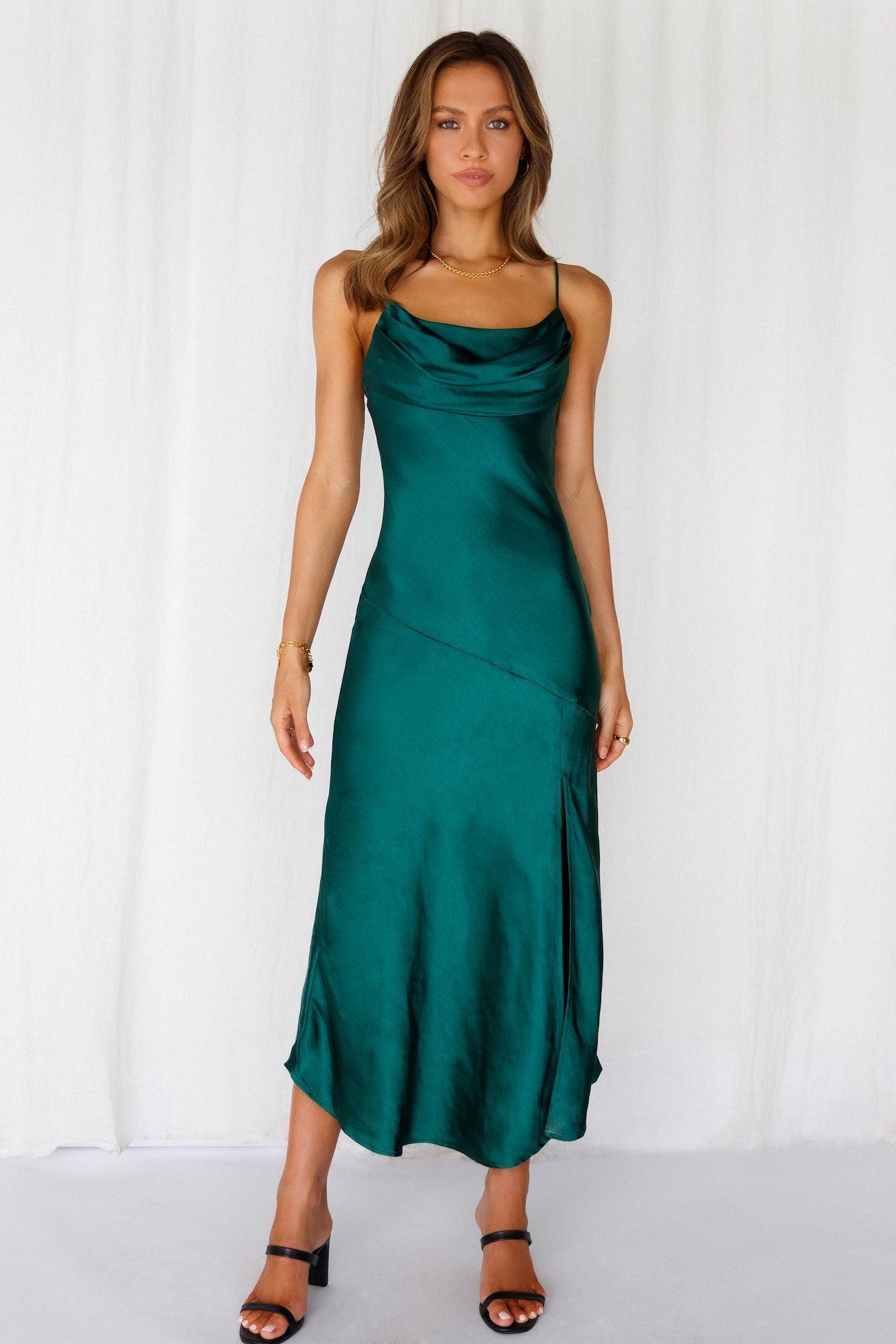 Lychee Martini Satin Midi Dress Forest Green Product Image